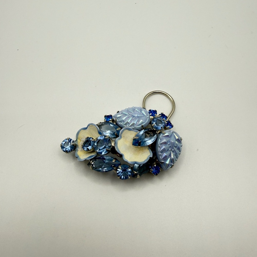 Vintage Blue Rhinestone Enamel Flower Brooch Scarf Clip Silver Tone Floral Pin - Picture 2 of 5